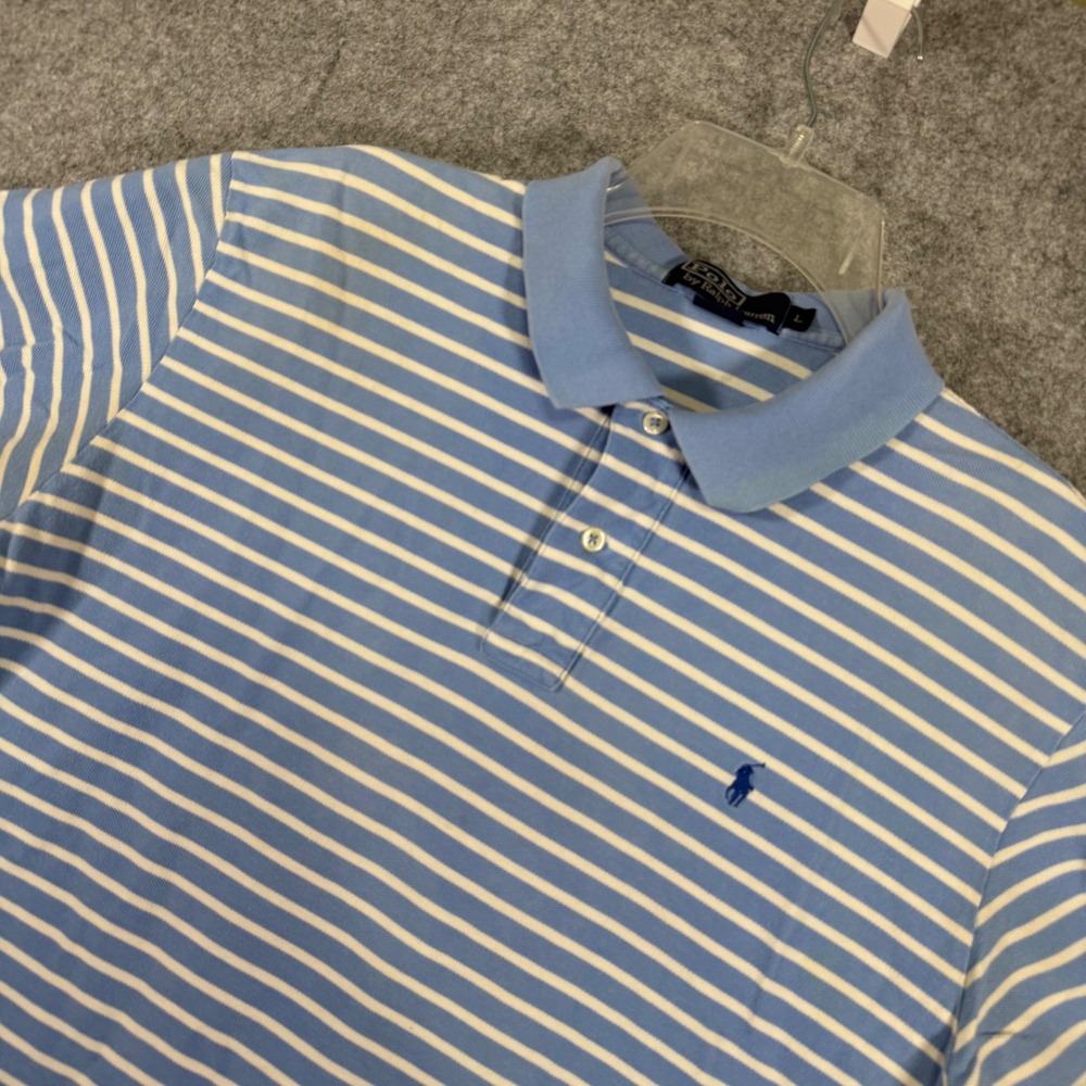 Polo Ralph Lauren Polo Shirt Mens L Blue White Striped Short Sleeve Cotton Pique